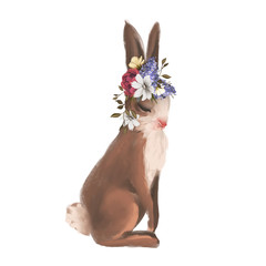 Cute hand drawn bunny in floral wreath, flowers bouquet, woodland watercolor animal portrait