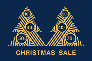 Christmas sale. Background with abstract gold trees. Up to 20%, 30%, 50% off. Vector.	