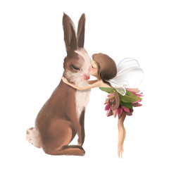 Cute hand drawn fairy in floral dress, kissing a bunny, rabbit, fawn, woodland watercolor illustration - 304043505