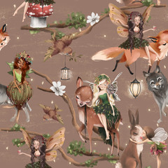 Cute hand drawn fairies with forest animals - wolf, deer, fox and bunny seamless pattern. Woodland watercolor illustration