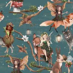 Cute hand drawn fairies with forest animals - wolf, deer, fox and bunny seamless pattern. Woodland watercolor illustration - 304043972