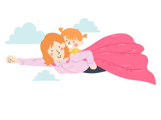 Kid Girl Mom Superhero Fly Illustration
