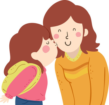 Kid Girl Kiss Mom Cheek Illustration