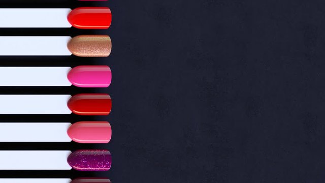 Seamless looping animation of nail polish samples in different bright colors.