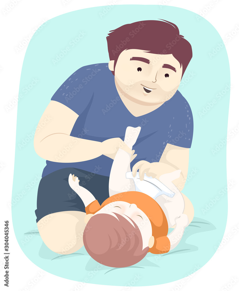 Poster kid boy baby dad changing diaper illustration