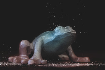 Pink, blue grey frog with glitter falling onto it on black background
