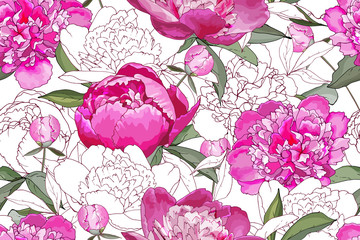 Seamless pattern with pink flowers peonies, green leaves on white background. Hand drawn. For your design, textile, wallpapers, print, greeting. Vector stock illustration.