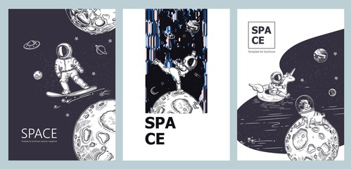 Set of space banners. Astronaut swim on swimming circle of a unicorn in the space.