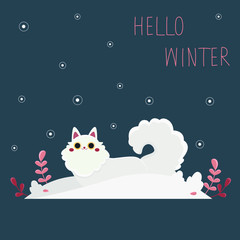 Fototapeta na wymiar Greeting card with text Hello Winter. Vector illustration with a white cat in a snowdrift. Angora cat under snowfall.