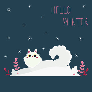 Greeting card with text Hello Winter. Vector illustration with a white cat in a snowdrift. Angora cat under snowfall.