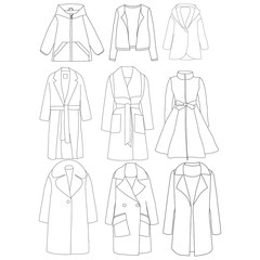 vector, on a white background, women's clothing, coat sketch, set, collection