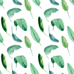 seamless pattern, watercolor tropical leaves on isolated white background, digital paper