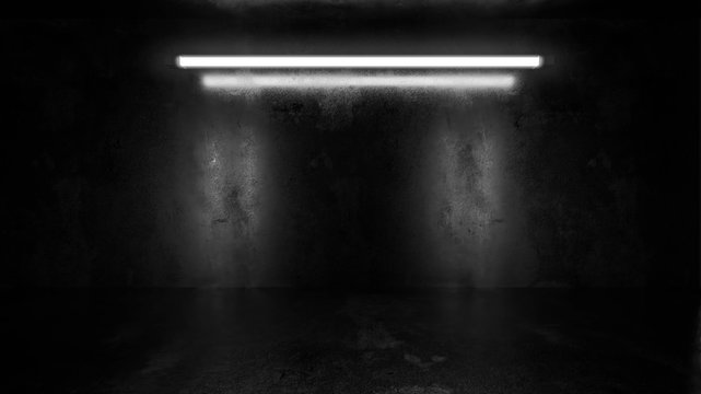 dark underground industrial grunge basement room with white low key light background texture wall 3d render illustration