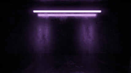 dark underground industrial grunge basement room with violet neon light background texture wall 3d render illustration - obrazy, fototapety, plakaty