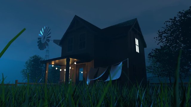 Ufo hangs above the wooden building and shoots a bright light beam. Render 4k