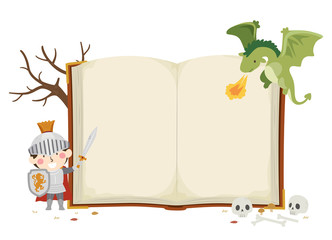 Kid Boy Knight Dragon Open Book Illustration - 304050537