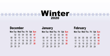 Fototapeta na wymiar Calendar for 2020 year. Winter background, seasonal card. January, February, December. Vector illustration