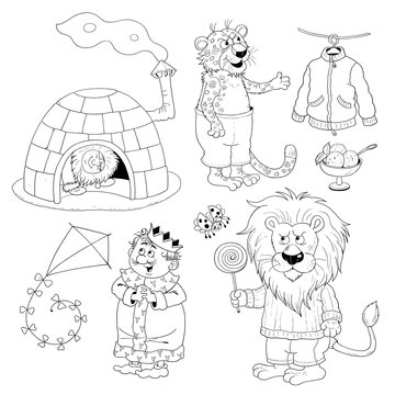 Set of cute images. Cartoon animals isolated on white background. Coloring book. Coloring page