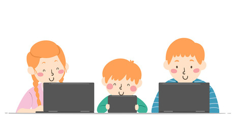 Kids Different Ages Sibling Laptop Illustration