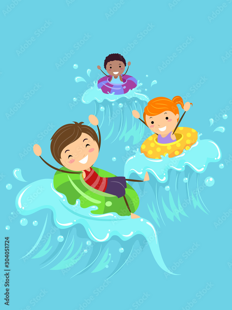 Poster stickman kids float pool waves illustration