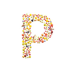 Vegetarian ABC. Fruits on white background forming letter P