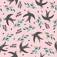 Vector seamless pattern - cute swallows and a branch of a tree. Delicate background for textiles and paper. Spring design. - 304051799