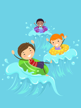 Stickman Kids Float Pool Waves Illustration