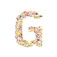 Vegetarian ABC. Fruits on white background forming letter G