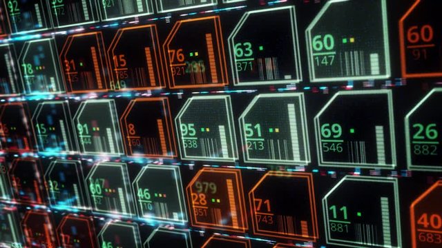 Abstract futuristic background of the endless number of microchips of green and red color, seamless loop. Animation. Electronic device and technology concept.