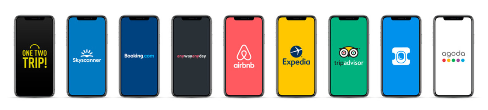 MOSCOW, RUSSIA - November 20, 2019: smartphone with various travel logos: One Two Trip, Skyscanner, Booking, Anywayanyday, Airbnb, Expedia, TripAdvisor, Aviasales, Agoda