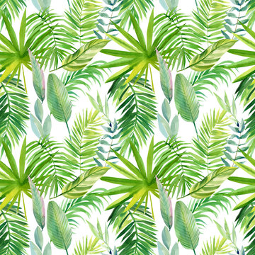 seamless pattern, watercolor tropical leaves on isolated white background, digital paper