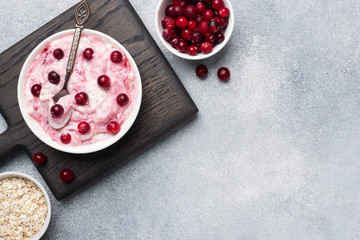 Cottage cheese dessert of yogurt jam and cranberries on a plate. grey concrete table. Concept healthy useful Breakfast. Copy space.