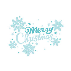 Fototapeta na wymiar Merry Christmas. Lettering. Snowflakes and stars. Blue. Isolated vector object on a white background. Holiday card.