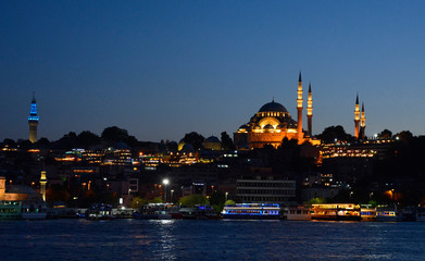 Fototapeta na wymiar Suleymaniye Mosque at dusk. This Ottoman imperial mosque, located on the Third Hill of Istanbul in Turkey, was built in 1557 and is the second largest mosque in Istanbul as well as being the largest O