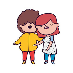 cute little boy and girl hugging on white background