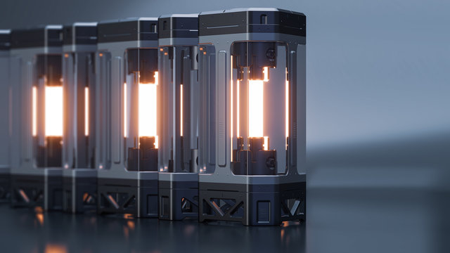 Sci-fi energy power device. Futuristic military battery. 3d render