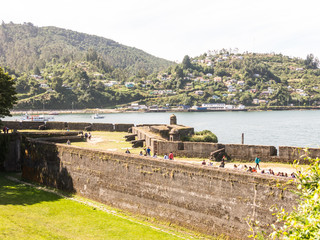 Fortified walls of the historic Corral Fort protecting the approach to the former Spanish colonial city of Valdivia in southern Chile - 304056116