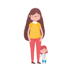 mother and little daughter standing on white background