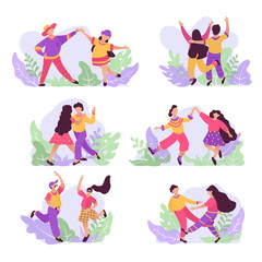 Set of dancing couple. Male and female characters. Funny people dance and jump.