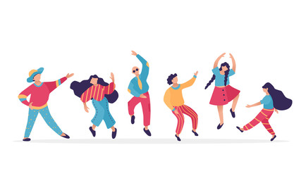 Male and female dancing characters. Set of flat happy people. Funny friends dance and jump.