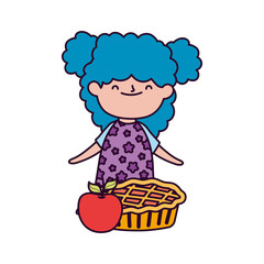 happy thanksgiving day cute little girl with pie and apple