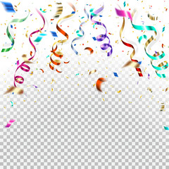 Falling colored confetti, colored serpentine and gold sparkles. Festive Christmas banner. Square frame for invitation. Realistic illustration isolated on transparent background. Vector.