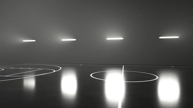 Wide view at the basketball court. Lights, dust and smoke. Nightly scenery. 4KHD
