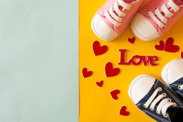 Festive background decoration for birthday celebration with Love word and heart shaped for a baby shower. Top view.