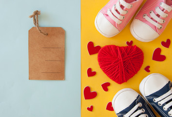 Festive background decoration for birthday celebration with Love word and heart shaped for a baby shower. Top view.