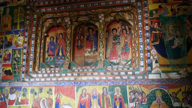 Close up of incredibly detailed  monastery wall painting in Gondar, Ethiopia