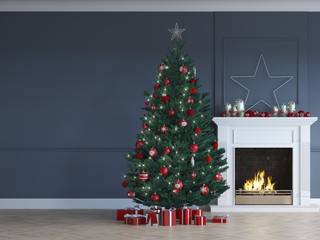3D-Illustration. christmas scene with decorated tree and fireplace.