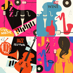 Set of music cards and banners flat vector illustration design. Music cards with instruments. Jazz music festival banners. Colorful jazz concert posters, party flyers, brochures