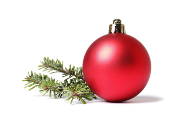 Christmas tree branches and Christmas balls on white background