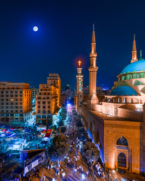 Beirut, Lebanon 2019 : drone shot of Mohammad Al Amine Mosque and the st. George Church in Martyr square Beirut,on the road leading to Riad el Solh square during the Lebanese revolution